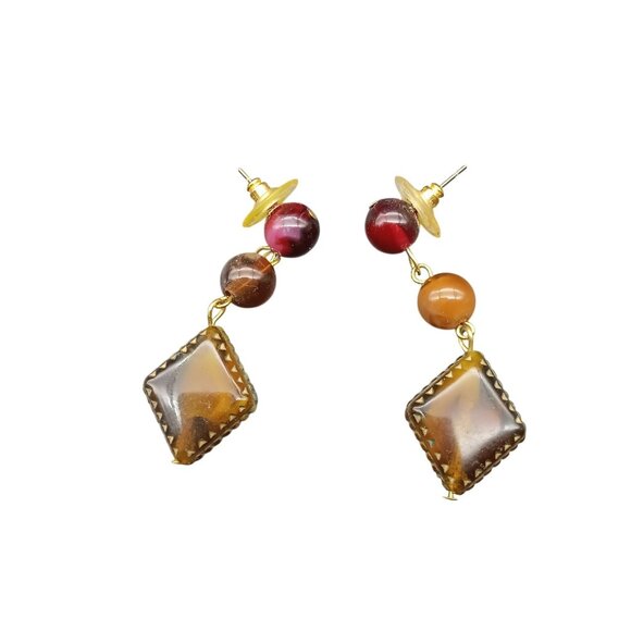 Vintage Dangling Earrings With Root Beer & Burgundy Marbled Beads and Diamond - Picture 2 of 3